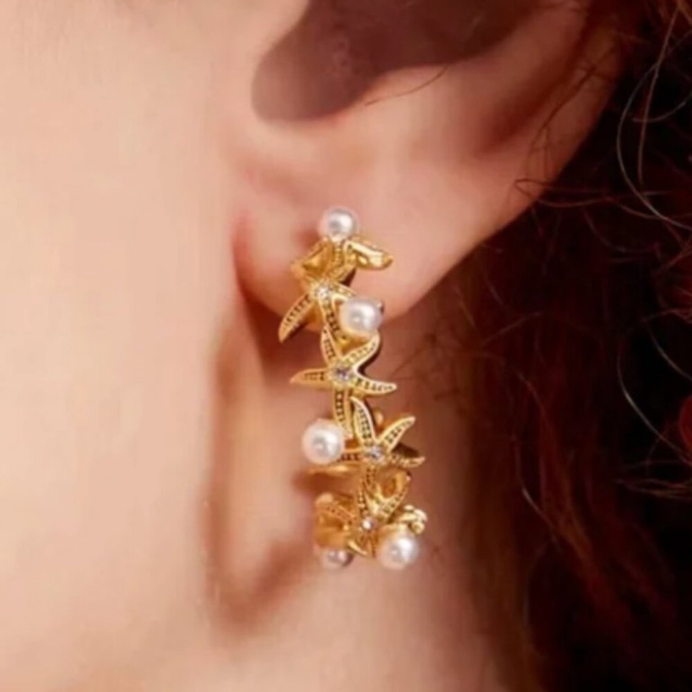 Kate Spade • Sea Star Starfish Hoops Gold Pearl Rhinestone NEW $98